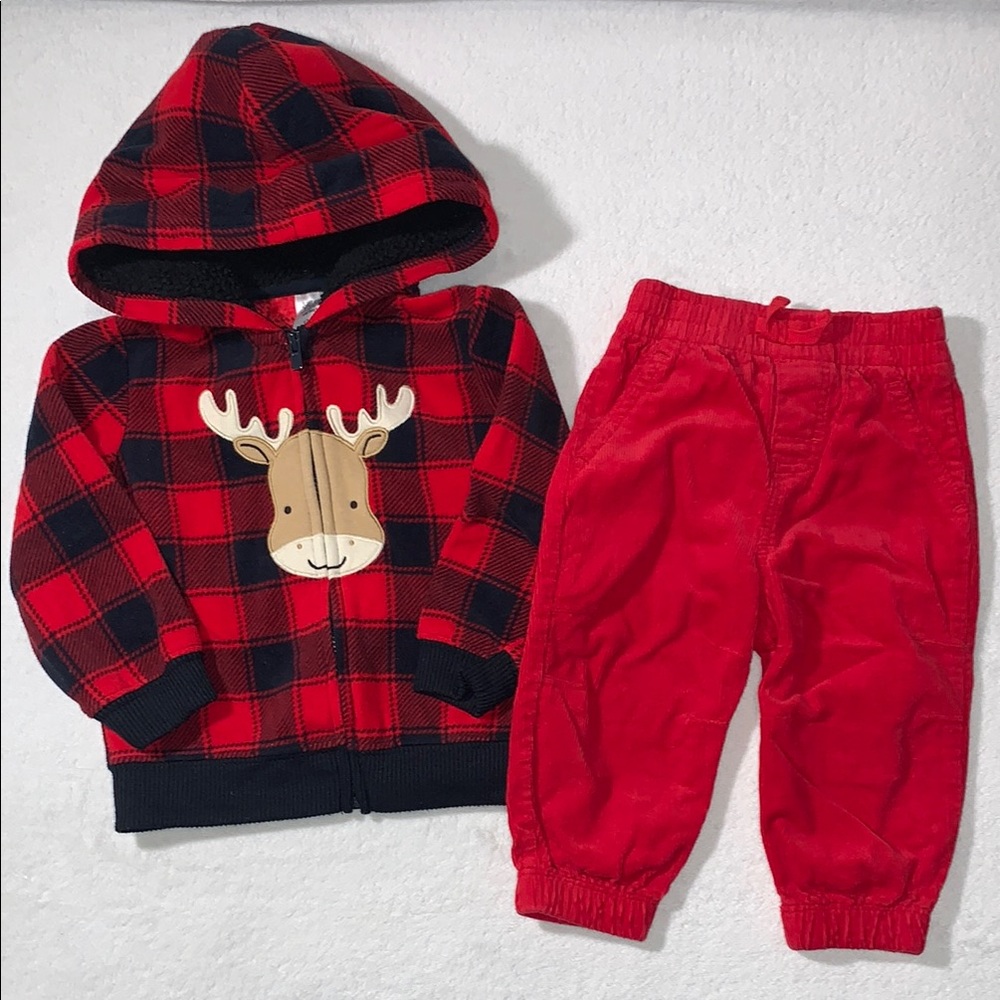 Carter’s Red and Black Plaid Hoodie with Moose snd Red Pants Size 12 Months